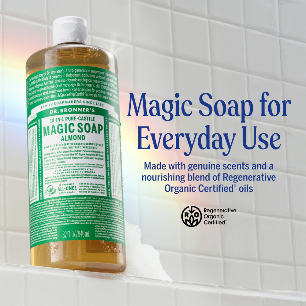 Dr. Bronner's dispensing soap pump with easy control and less waste