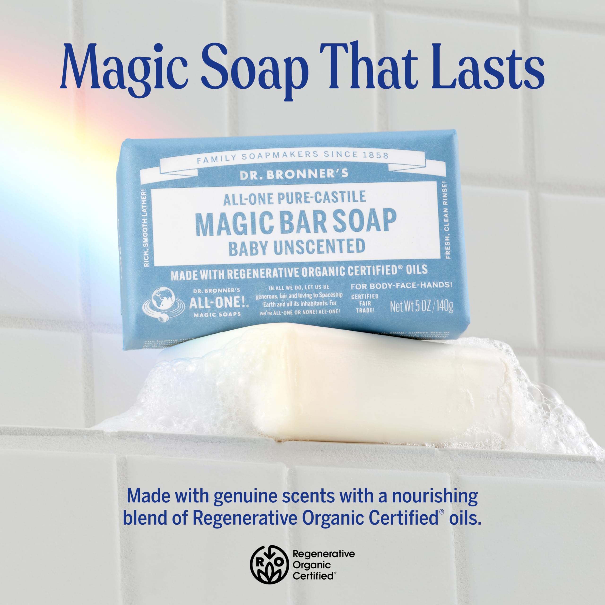 Dr. Bronner's bar close-up showing smooth texture and gentle lather