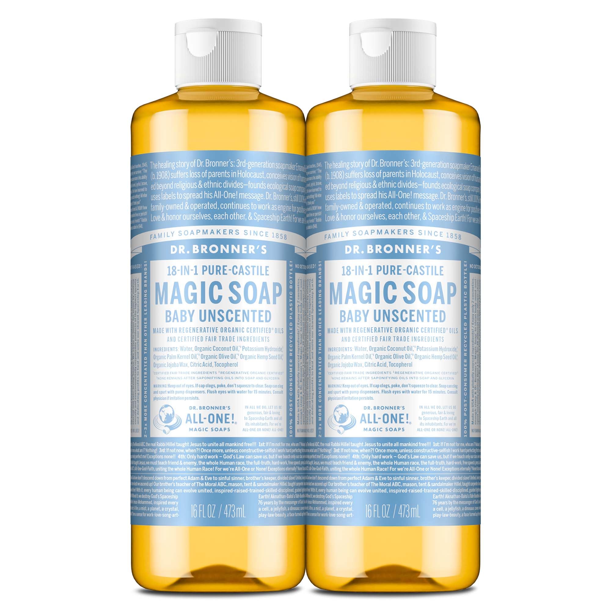 Dr. Bronner's bottle front packaging showing unscented family-friendly soap benefit
