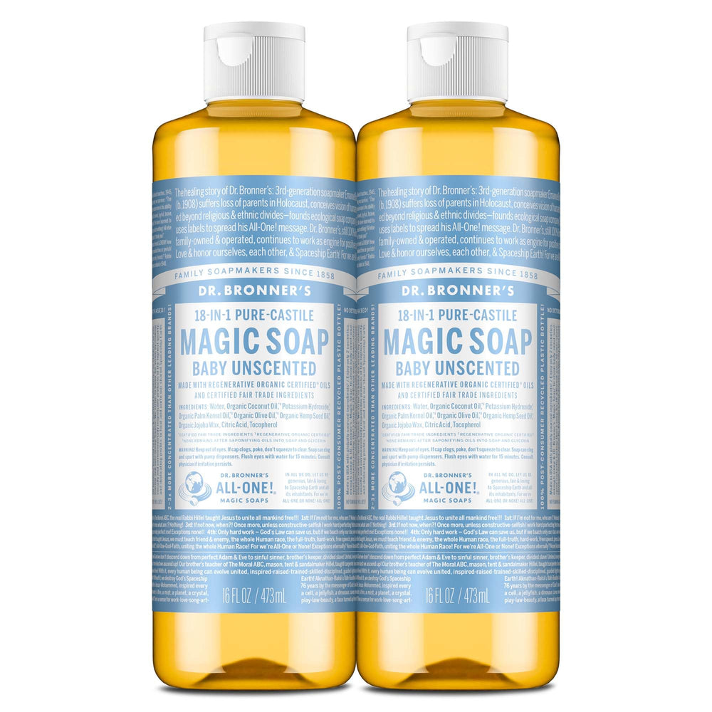 Dr. Bronner's bottle front packaging showing unscented family-friendly soap benefit