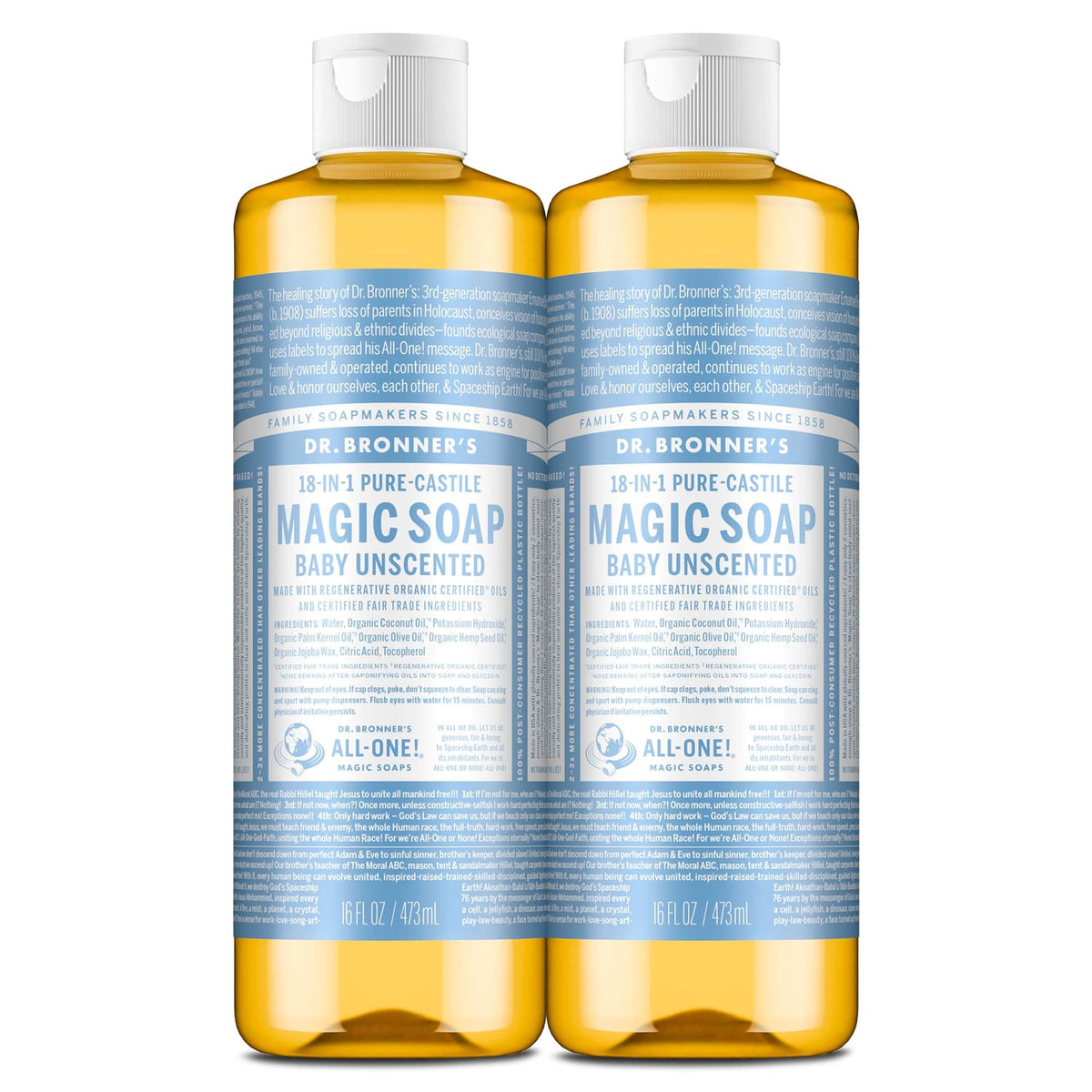 Dr. Bronner's bottle front packaging showing unscented family-friendly soap benefit