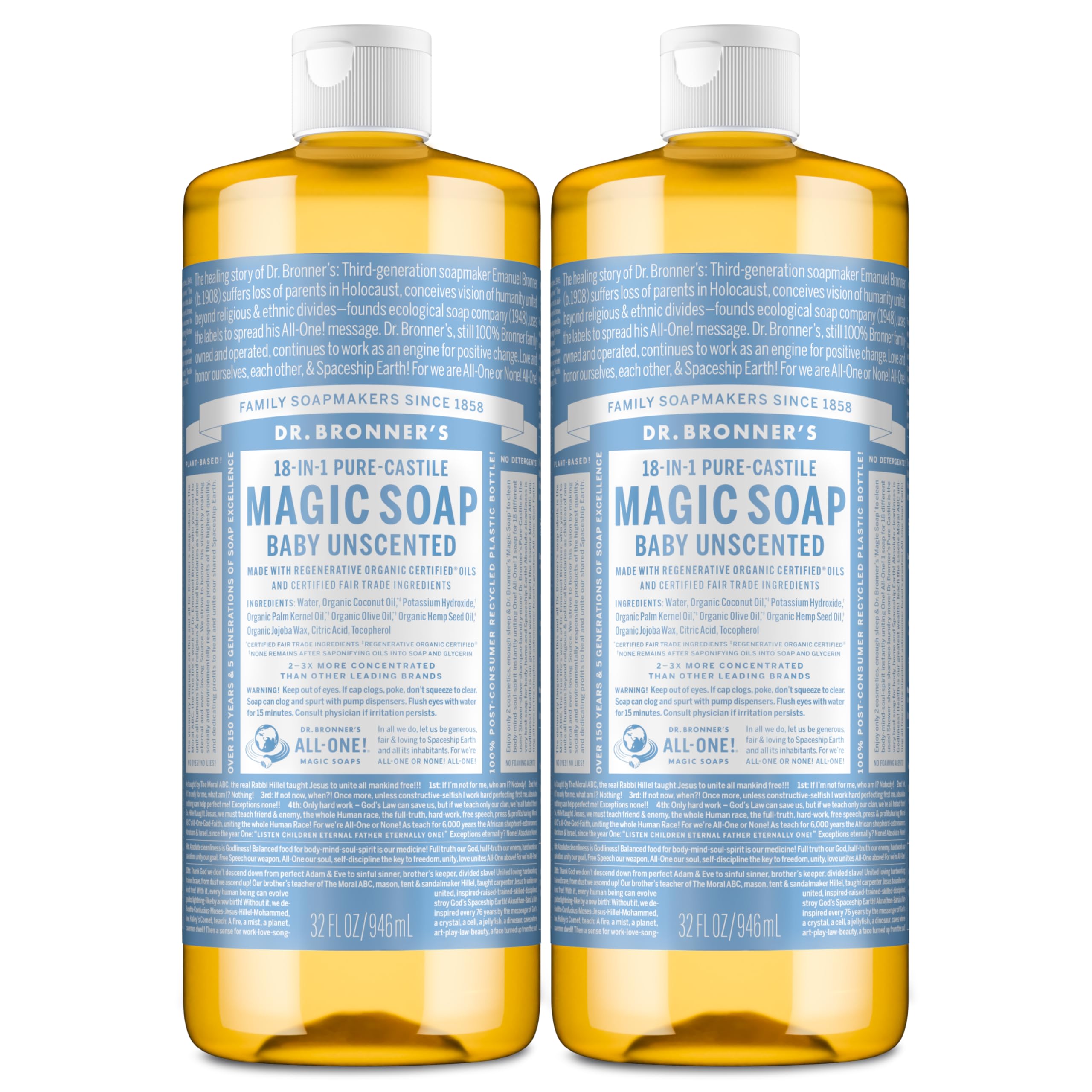 Dr. Bronner's front packaging showing clear unscented label and product benefits