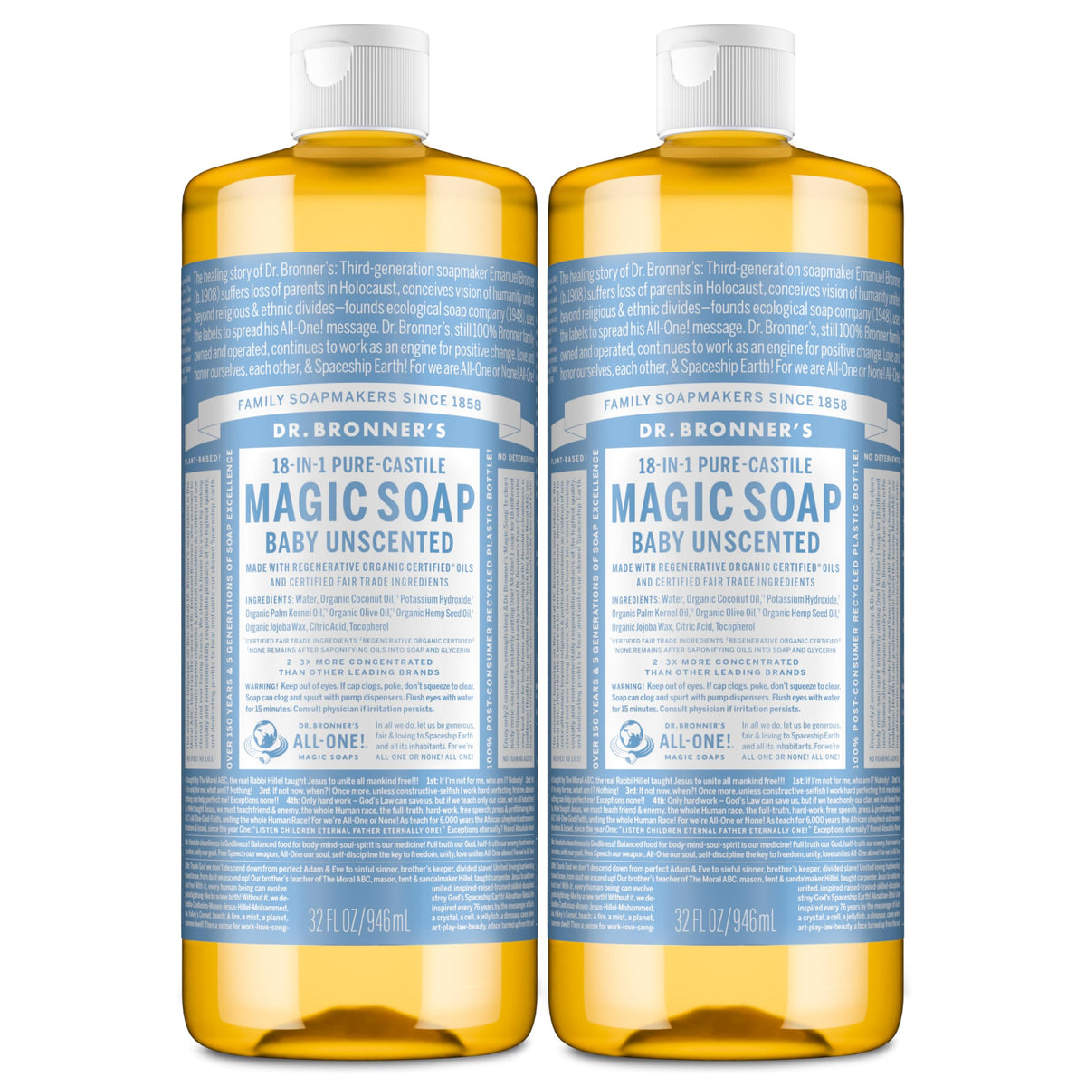 Dr. Bronner's front packaging showing clear unscented label and product benefits