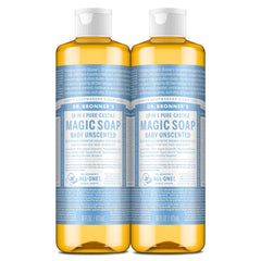 Dr. Bronner's bottle front packaging showing unscented family-friendly soap benefit