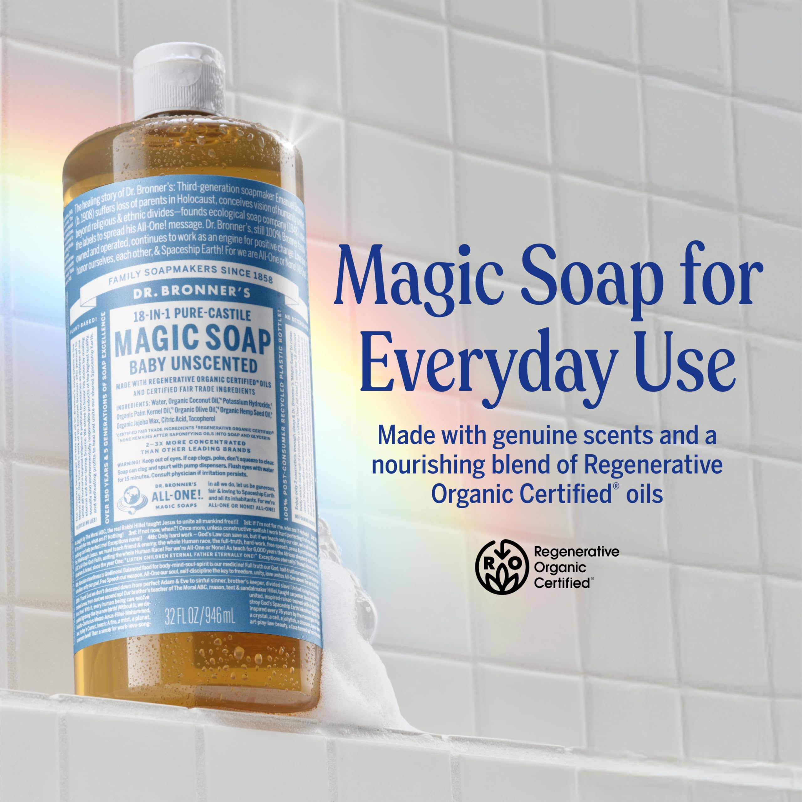 Dr. Bronner's pump dispense close-up demonstrating controlled, easy pouring