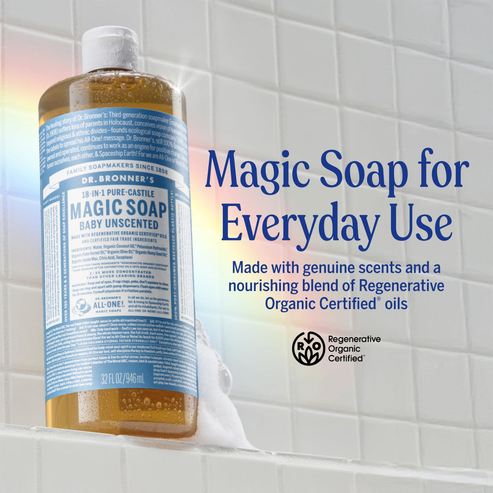 Dr. Bronner's pump dispense close-up demonstrating controlled, easy pouring