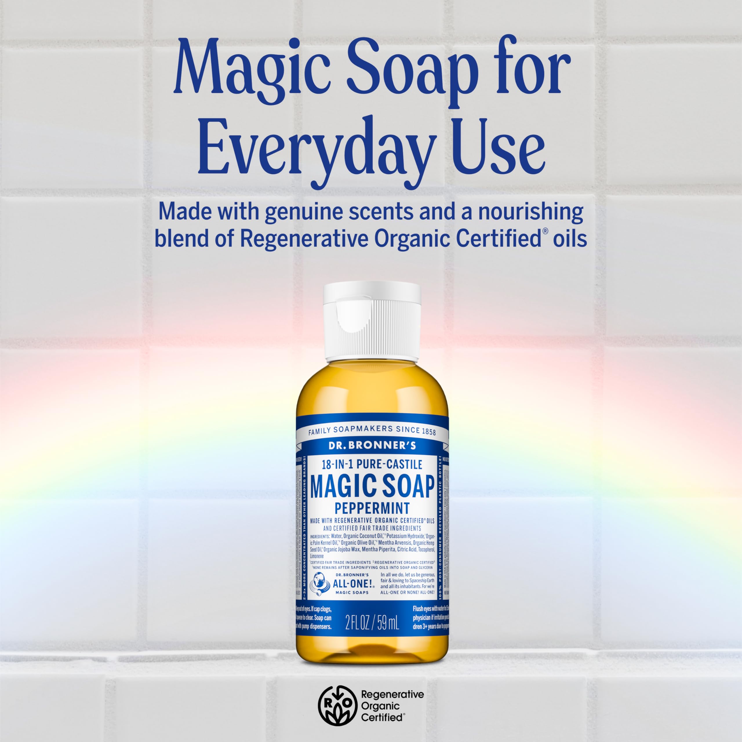 Close-up of Dr. Bronner's bottle label highlighting organic and fair trade ingredients, signals transparency