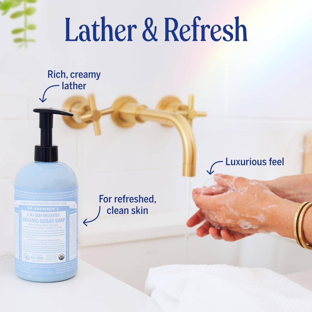 24 oz Dr. Bronner's bottle in hand showing size and family-use practicality