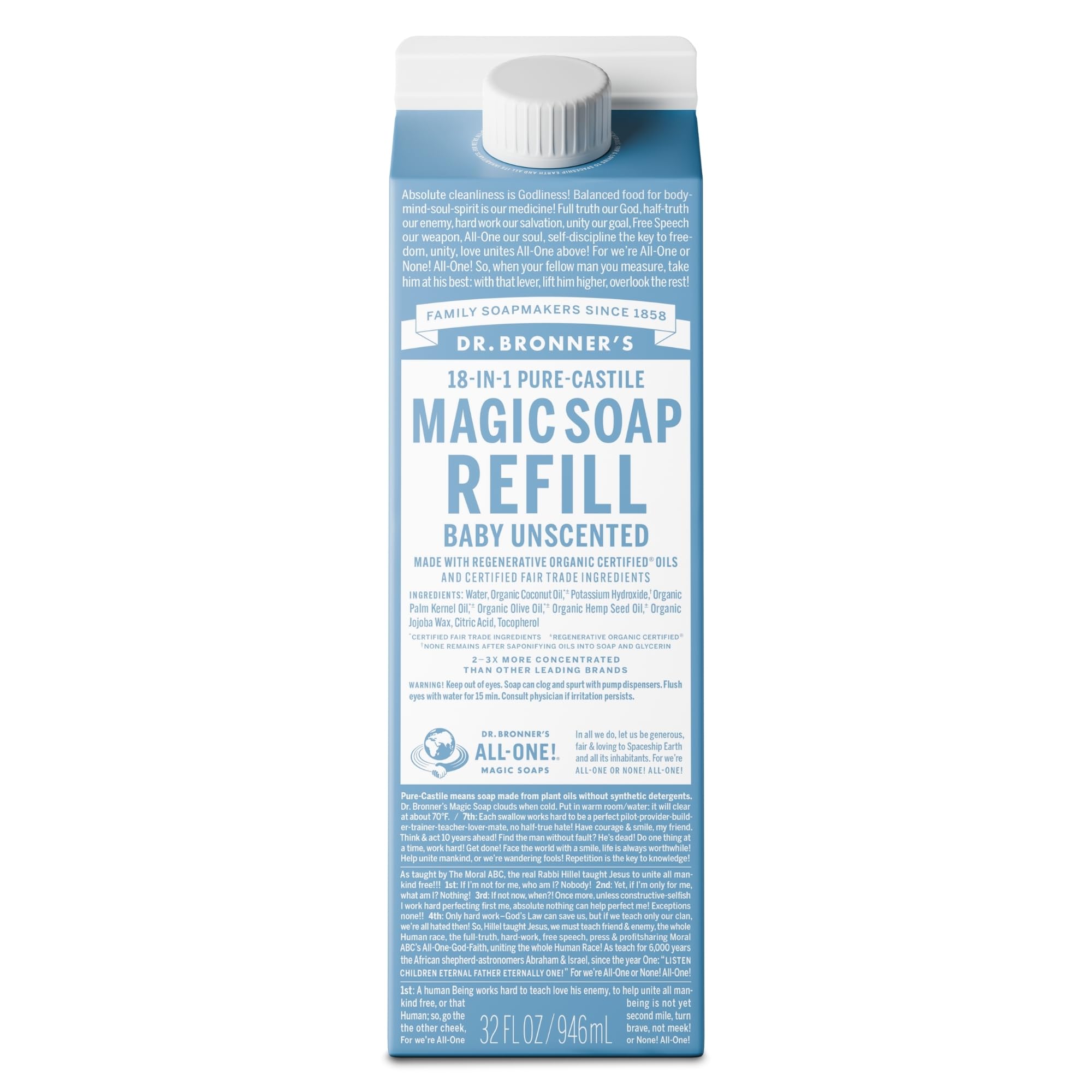 Dr. Bronner's front carton showing product label and eco messaging for easy identification