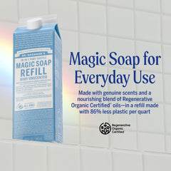 Dr. Bronner's carton being poured into a reusable bottle, illustrating refill convenience