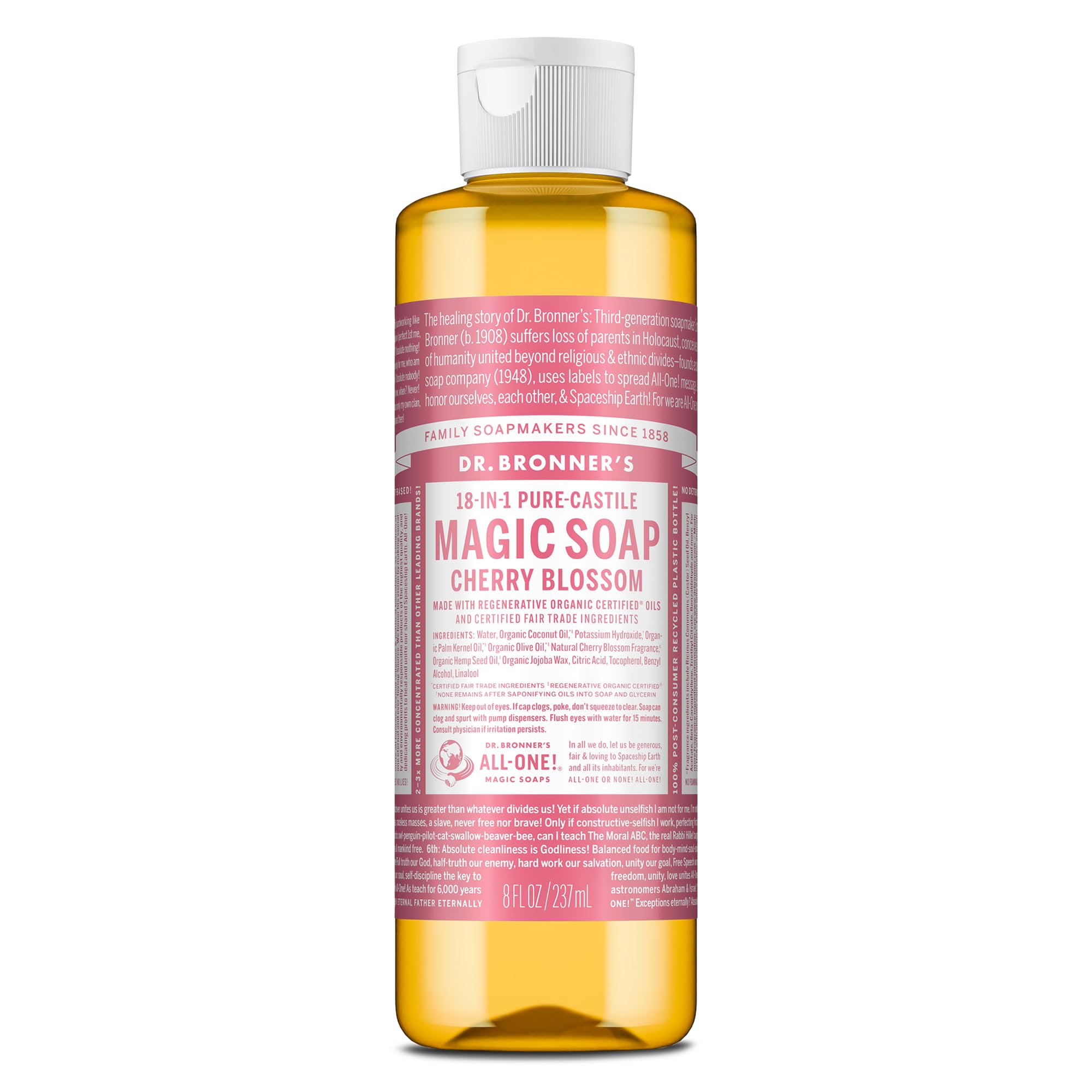 Dr. Bronner's bottle front label showing cherry blossom scent and benefits