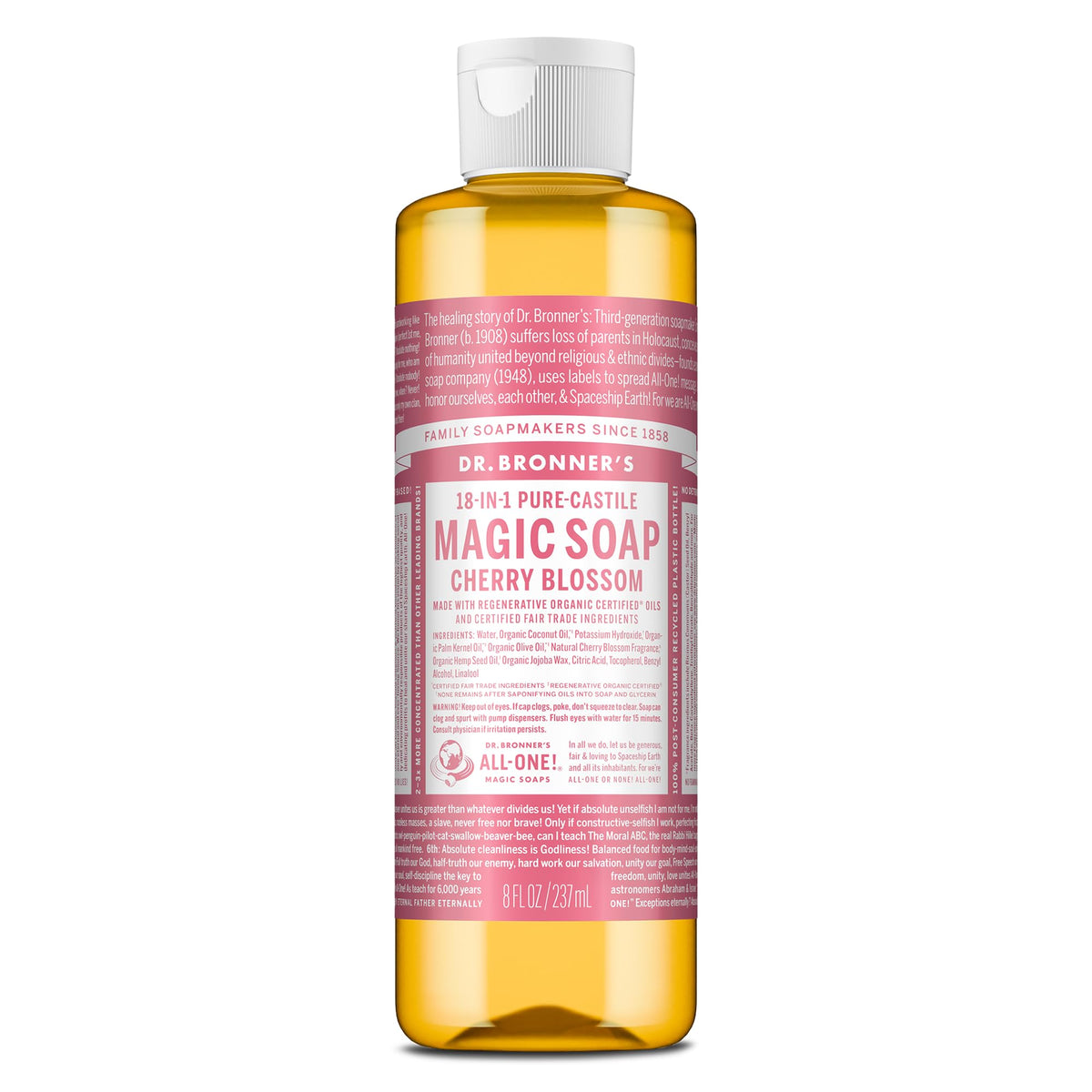 Dr. Bronner's bottle front label showing cherry blossom scent and benefits