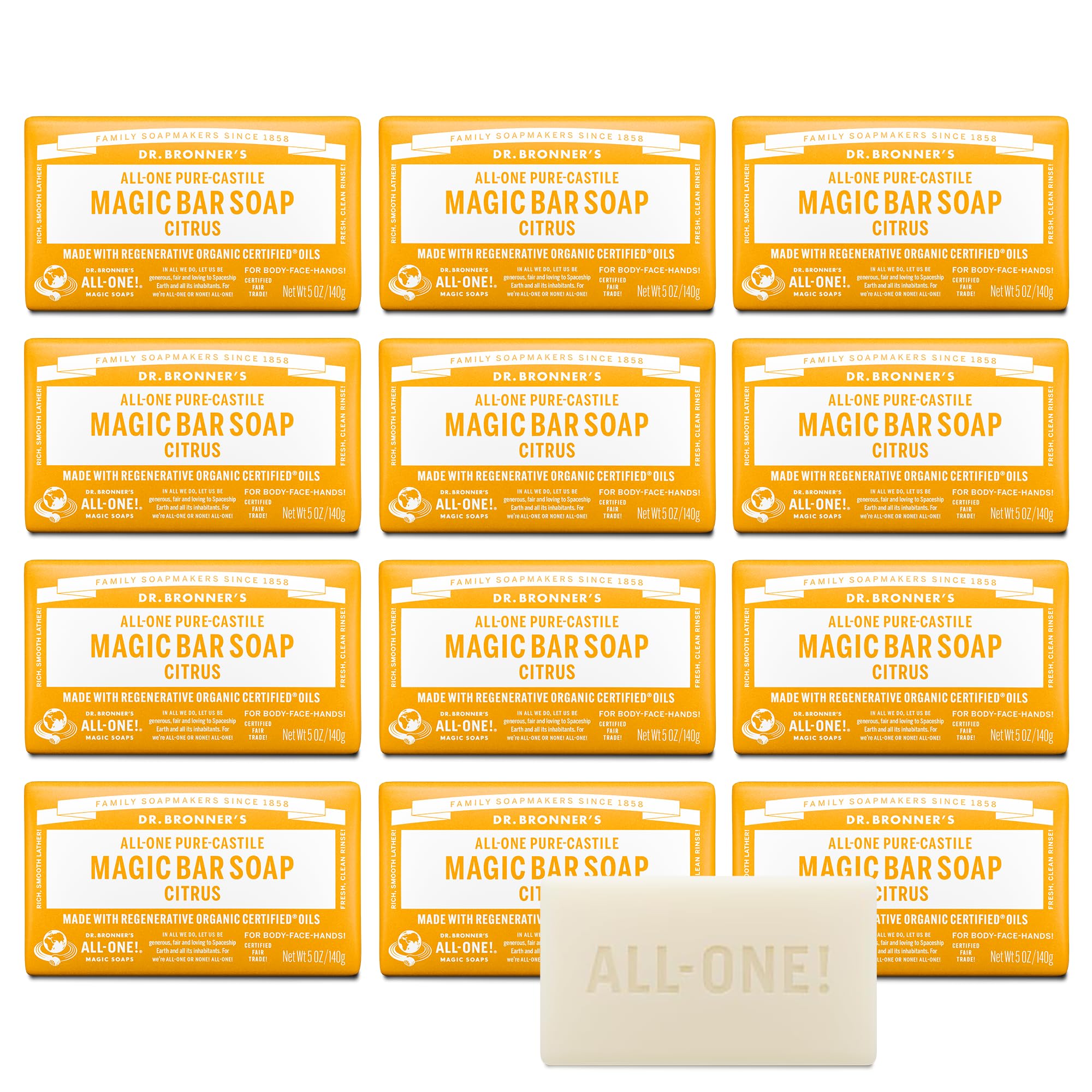 Dr. Bronner's front packaging shows 12-pack and citrus scent, value and clarity