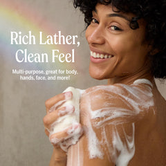 Dr. Bronner's soap lathered on washcloth showing thick foam and efficient cleaning