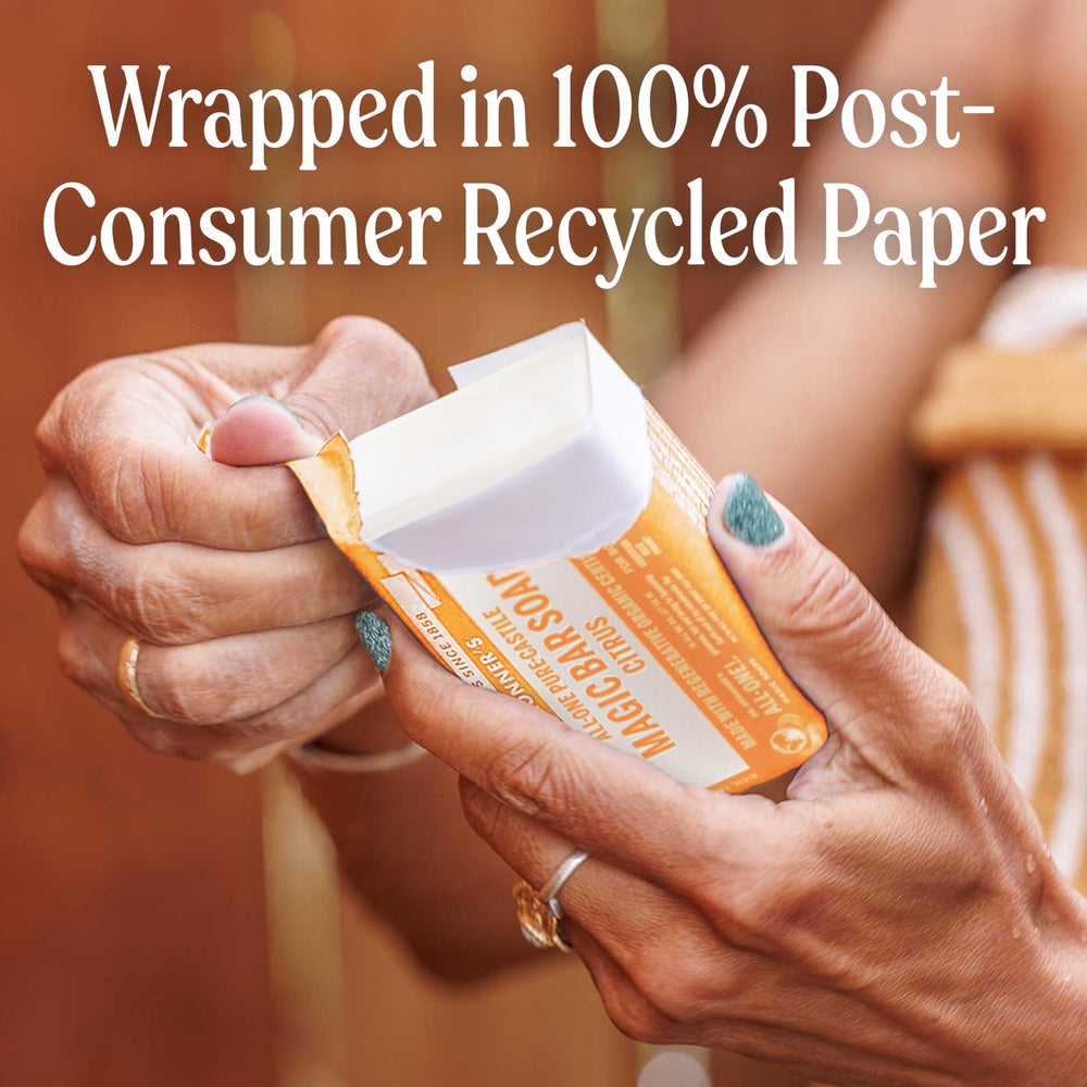 Dr. Bronner's recycled-paper wrapper label showing eco packaging and ingredient transparency