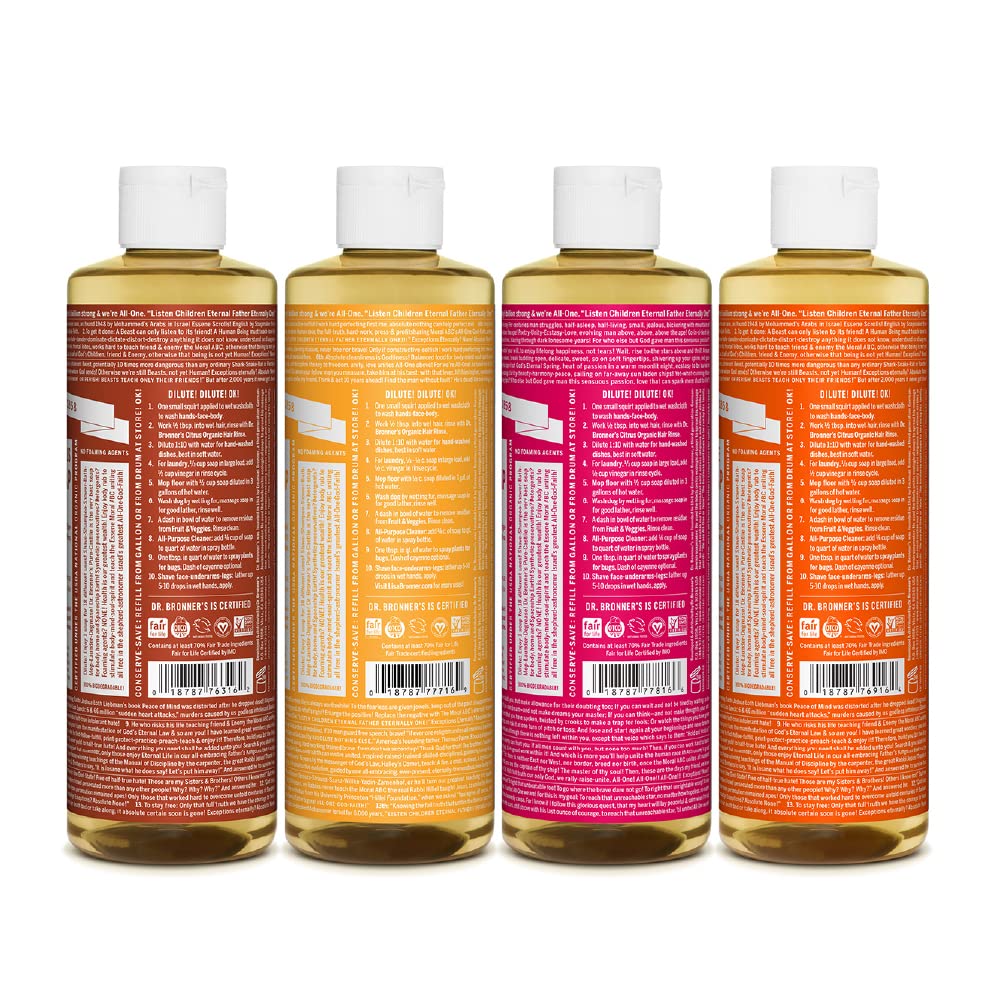 Dr. Bronner's Citrus bottle label close-up highlighting organic ingredients benefit