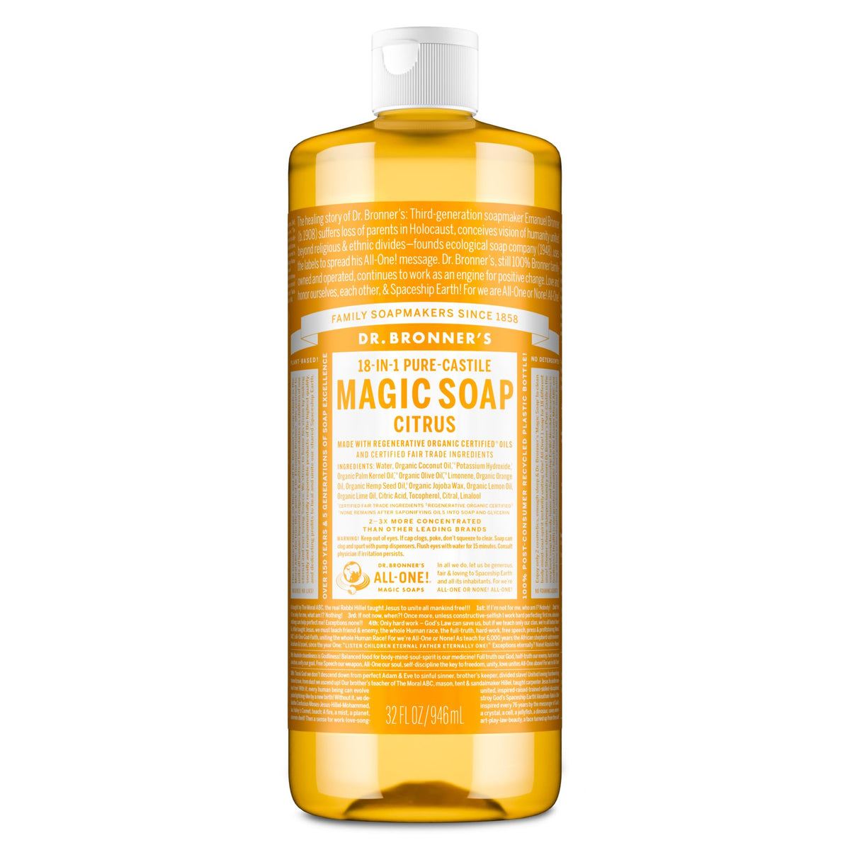 Dr. Bronner's front bottle view showing 32 oz packaging and bright citrus label for clear identification and benefits