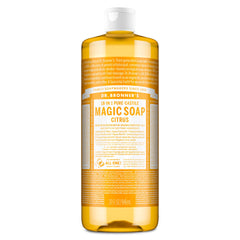 Dr. Bronner's front bottle view showing 32 oz packaging and bright citrus label for clear identification and benefits