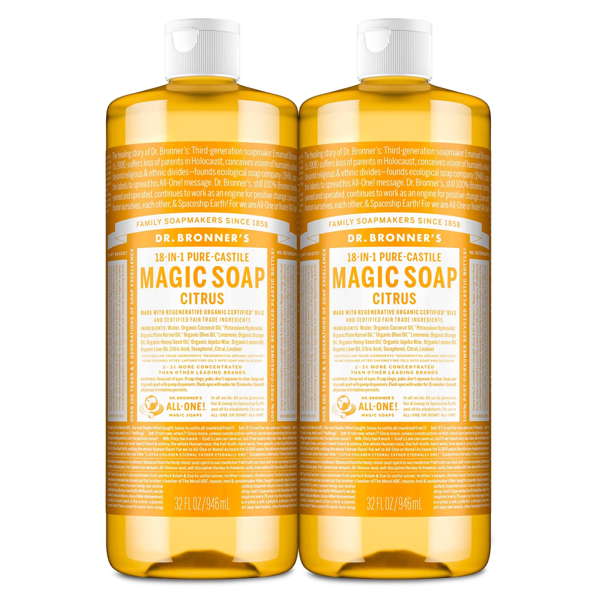 Dr. Bronner's citrus front packaging showing two 32 oz bottles and value pack benefit