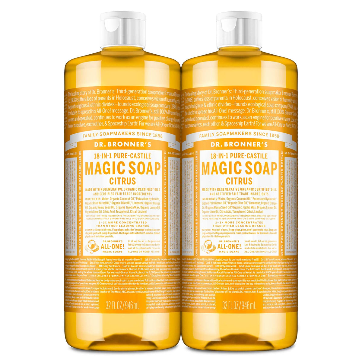 Dr. Bronner's citrus front packaging showing two 32 oz bottles and value pack benefit