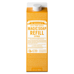 Dr. Bronner's citrus refill front packaging showing carton and branding benefits