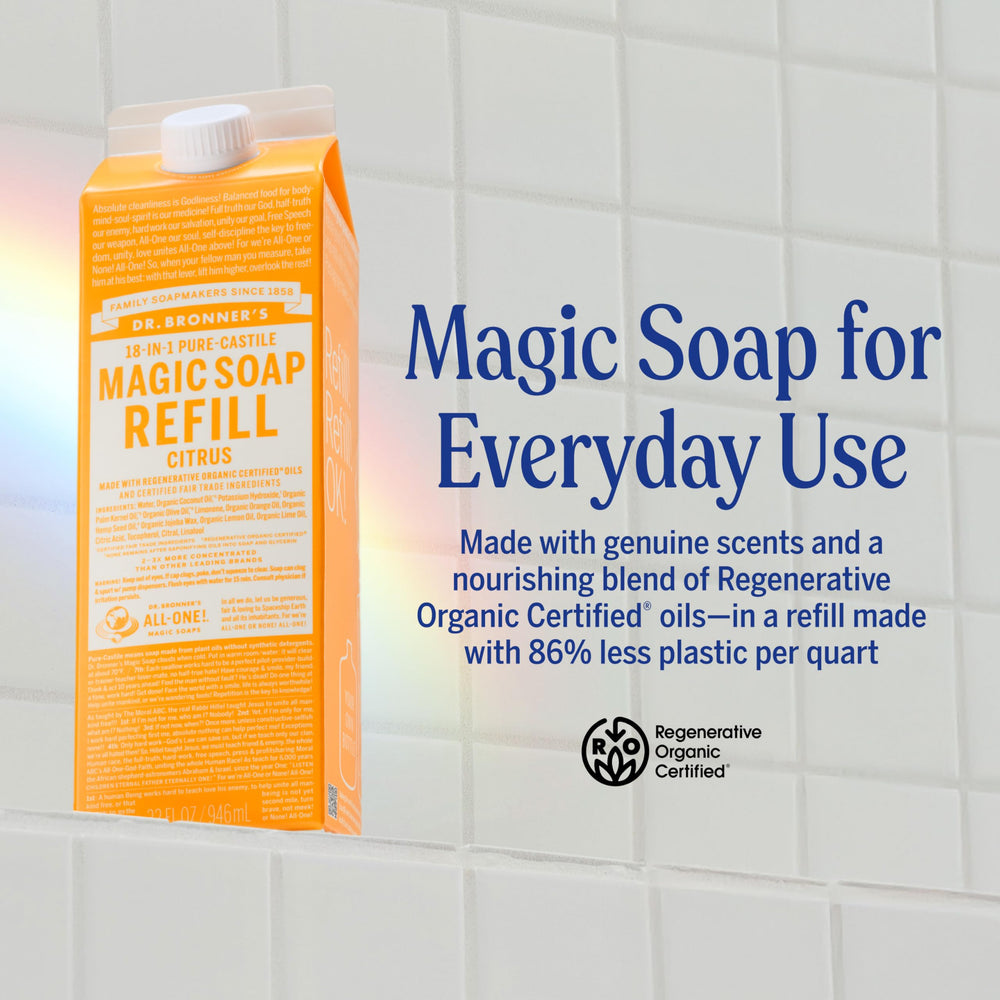 Dr. Bronner's soap pouring from carton illustrating concentrated formula benefit