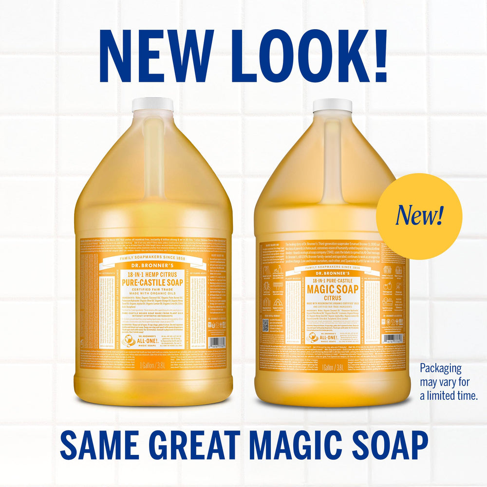 Dr. Bronner's pouring close-up demonstrating concentrated liquid for economical use