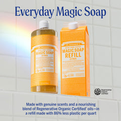 Dr. Bronner's pouring concentrated citrus soap into bottle for dilution convenience