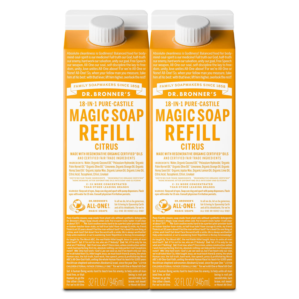 Dr. Bronner's citrus two-pack carton front view showing refill benefit