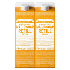 Dr. Bronner's citrus two-pack carton front view showing refill benefit