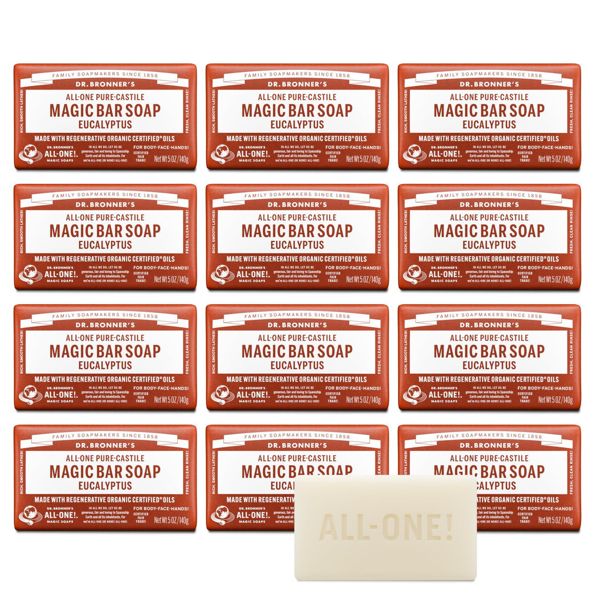 Dr. Bronner's eucalyptus bar front packaging showing recycled wrapper and brand