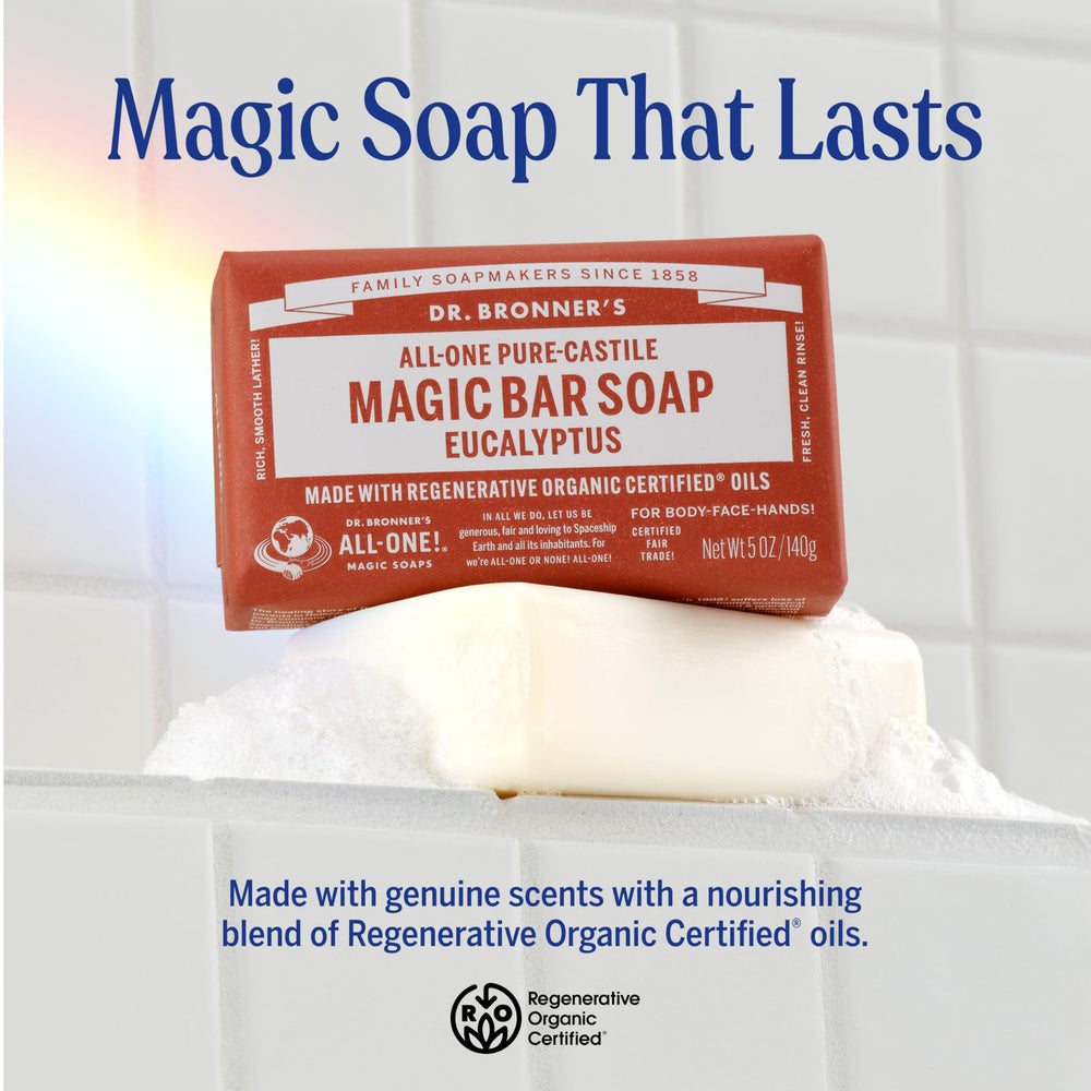 Dr. Bronner's eucalyptus bar unwrapped close-up showing soap texture and lather potential