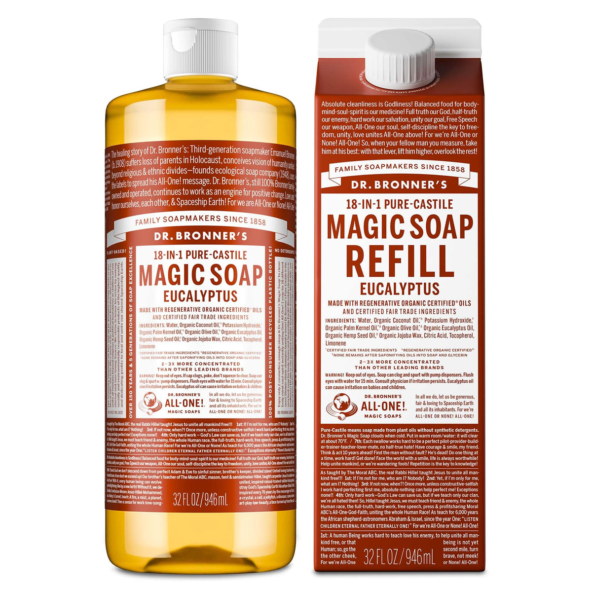 Dr. Bronner's eucalyptus bottle front view showing clean packaging and scent benefits