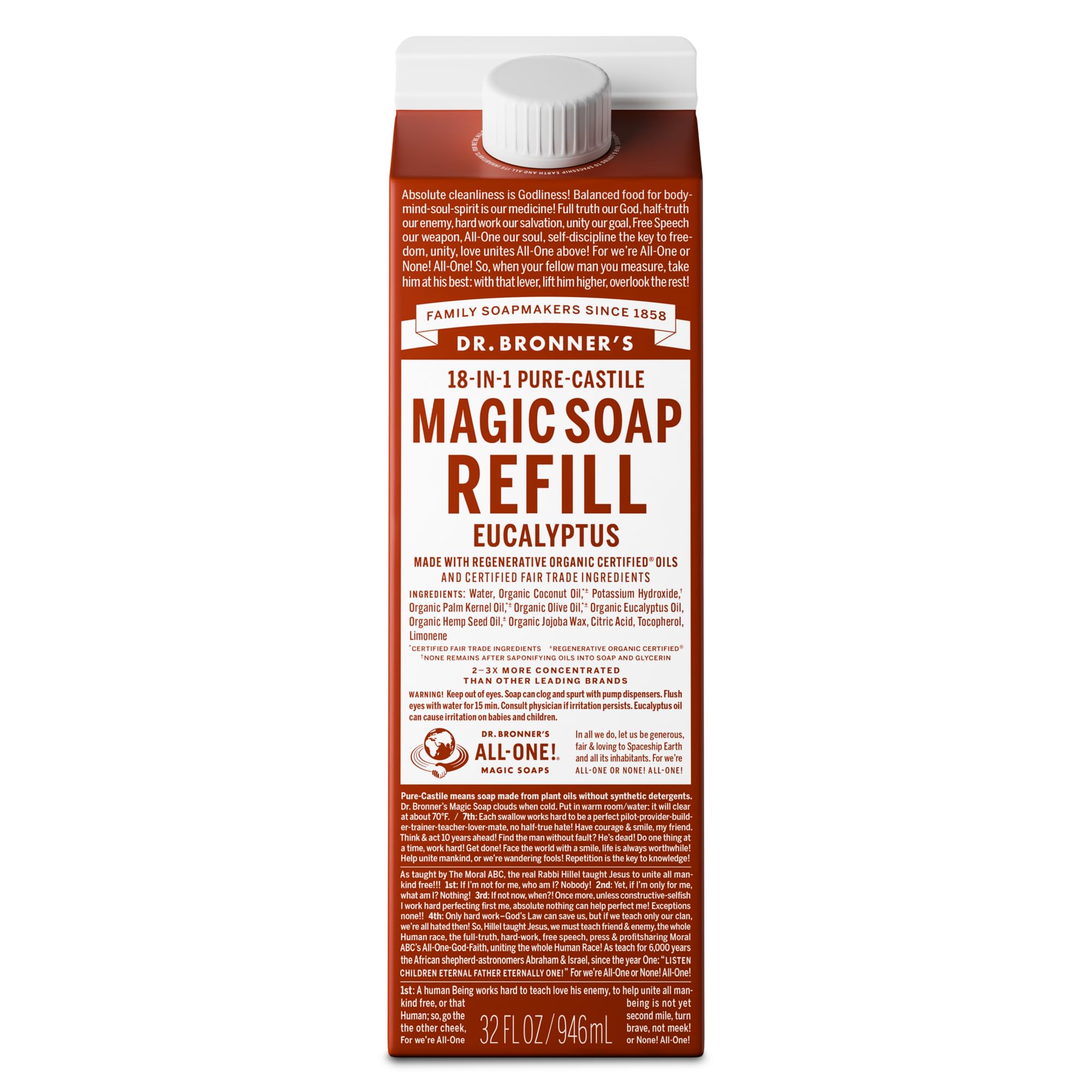 Dr. Bronner's eucalyptus refill carton front view showing branding and sustainable benefit