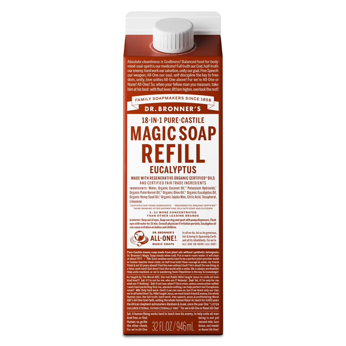 Dr. Bronner's eucalyptus refill carton front view showing branding and sustainable benefit