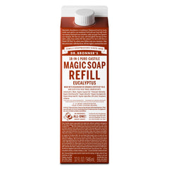 Dr. Bronner's eucalyptus refill carton front view showing branding and sustainable benefit