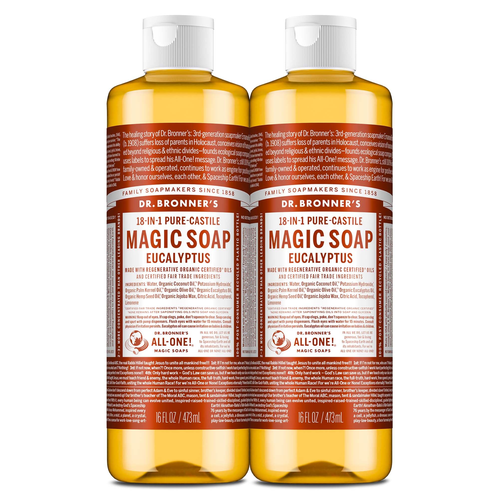 Dr. Bronner's front packaging showing two 16 oz bottles and clear labeling for easy storage