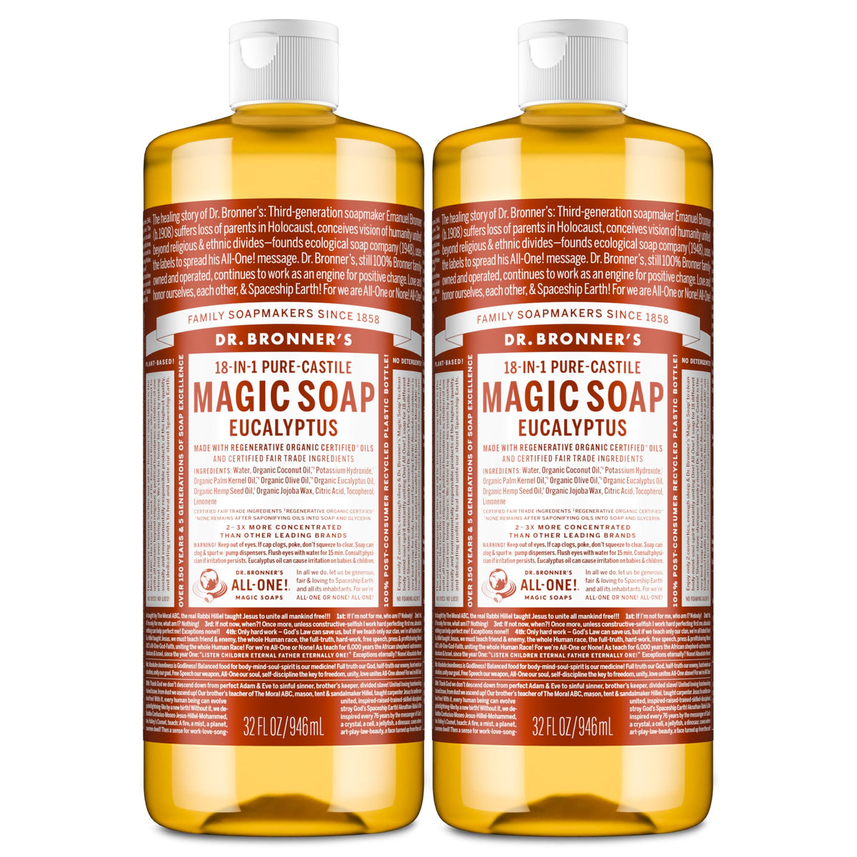 Dr. Bronner's front packaging showing two 32 oz bottles and eucalyptus scent benefit