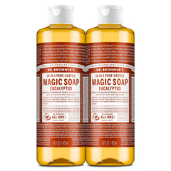 Dr. Bronner's front packaging showing two 16 oz bottles and clear labeling for easy storage