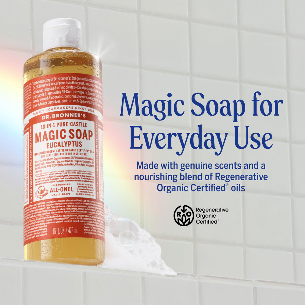 Dr. Bronner's label close-up highlighting organic ingredients and transparency benefit