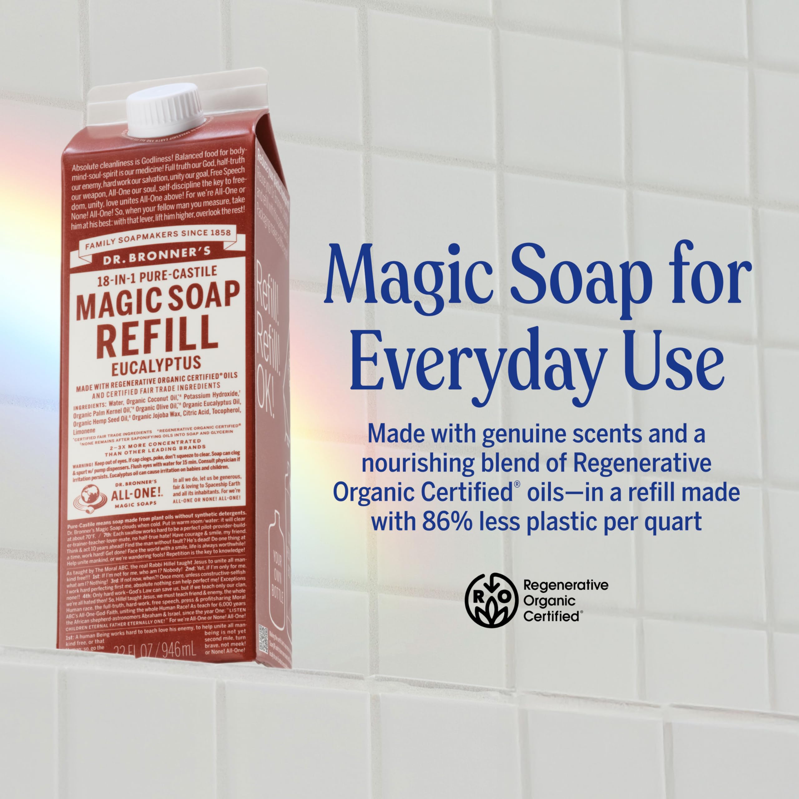 Dr. Bronner's pouring eucalyptus soap from carton into a pump bottle to reduce plastic