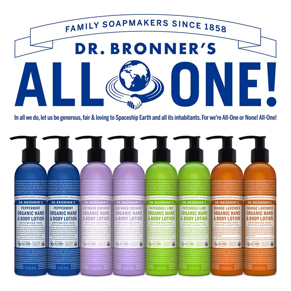 Dr. Bronner's four bottles lined up to show fragrance variety and organic ingredients