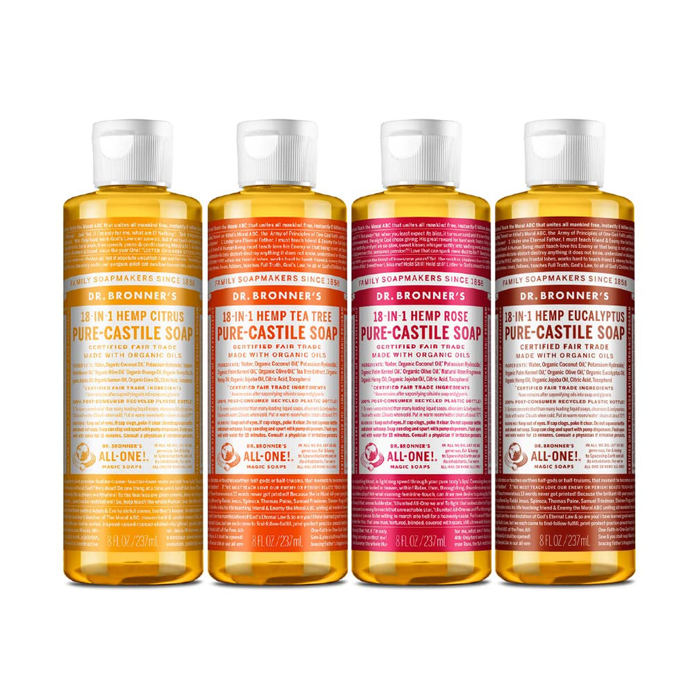 Dr. Bronner's front packaging showing all four 8oz bottles and variety benefit