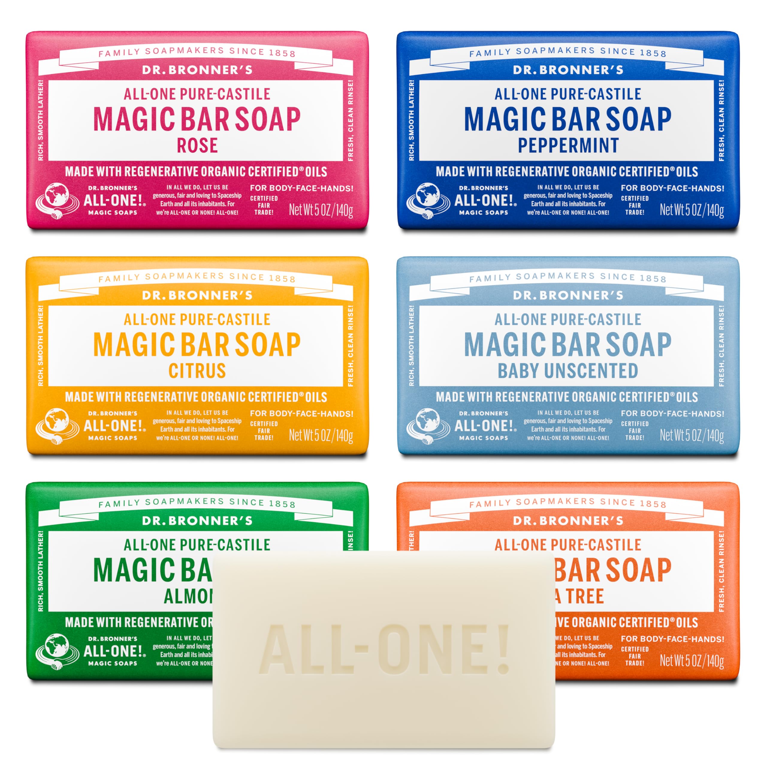 Dr. Bronner's front packaging showing six 5 oz bars and variety benefits