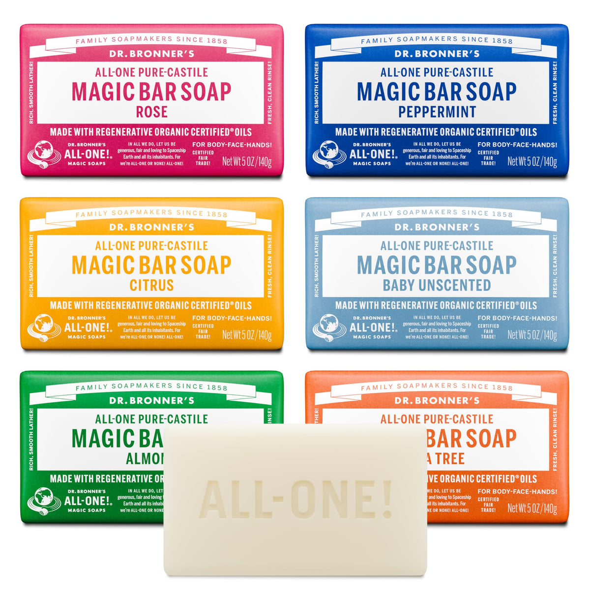 Dr. Bronner's front packaging showing six 5 oz bars and variety benefits