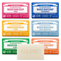Dr. Bronner's front packaging showing six 5 oz bars and variety benefits