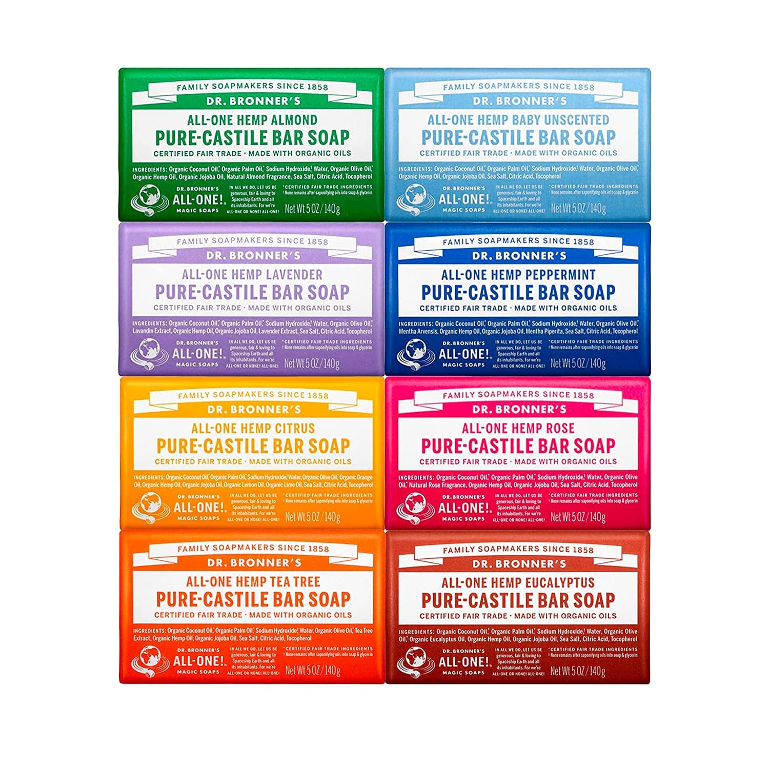 Dr. Bronner's front packaging showing eight variety bars and benefits