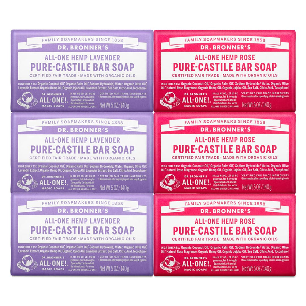 Dr. Bronner's front packaging showing Lavender and Rose bars, eco-conscious variety