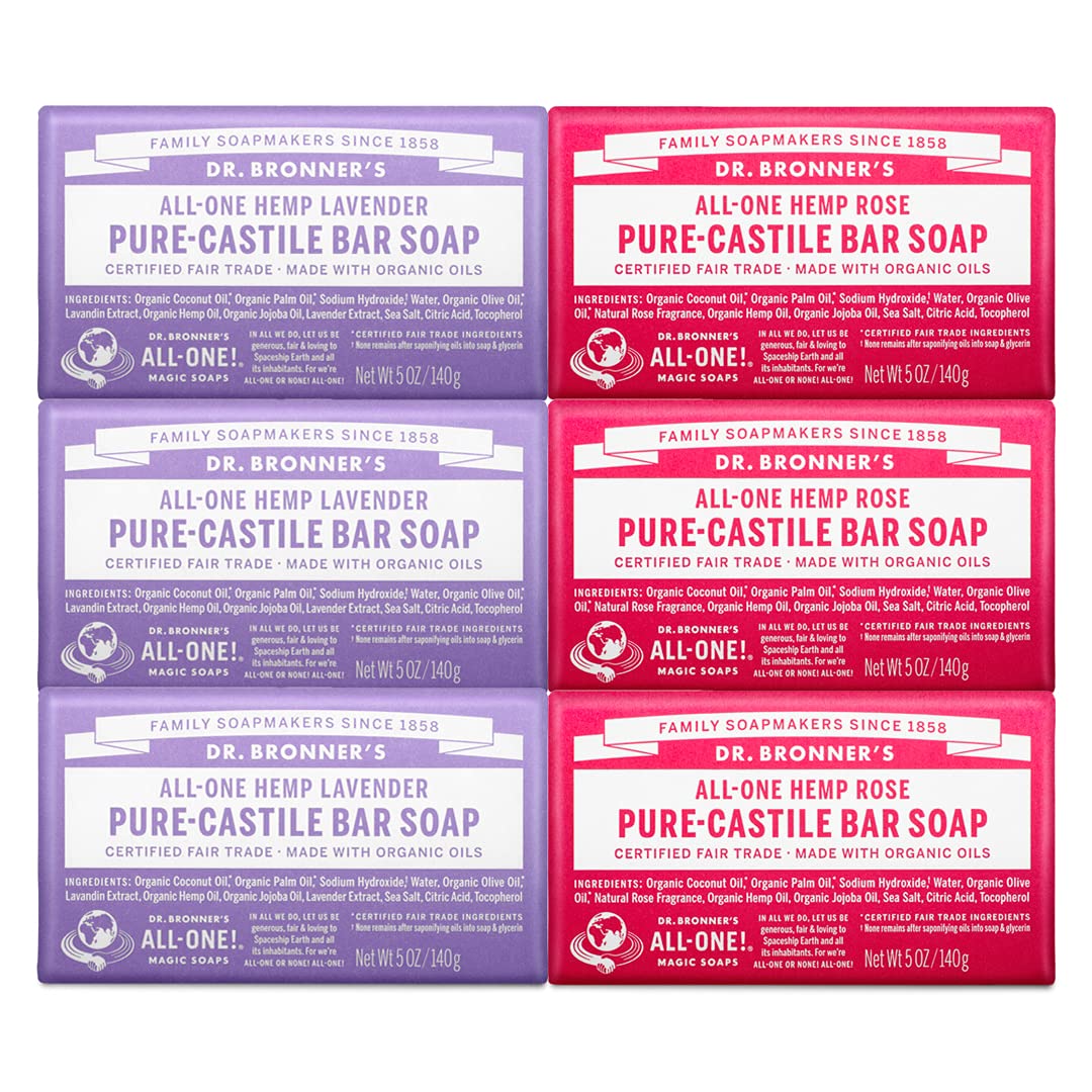 Dr. Bronner's front packaging showing Lavender and Rose bars, eco-conscious variety