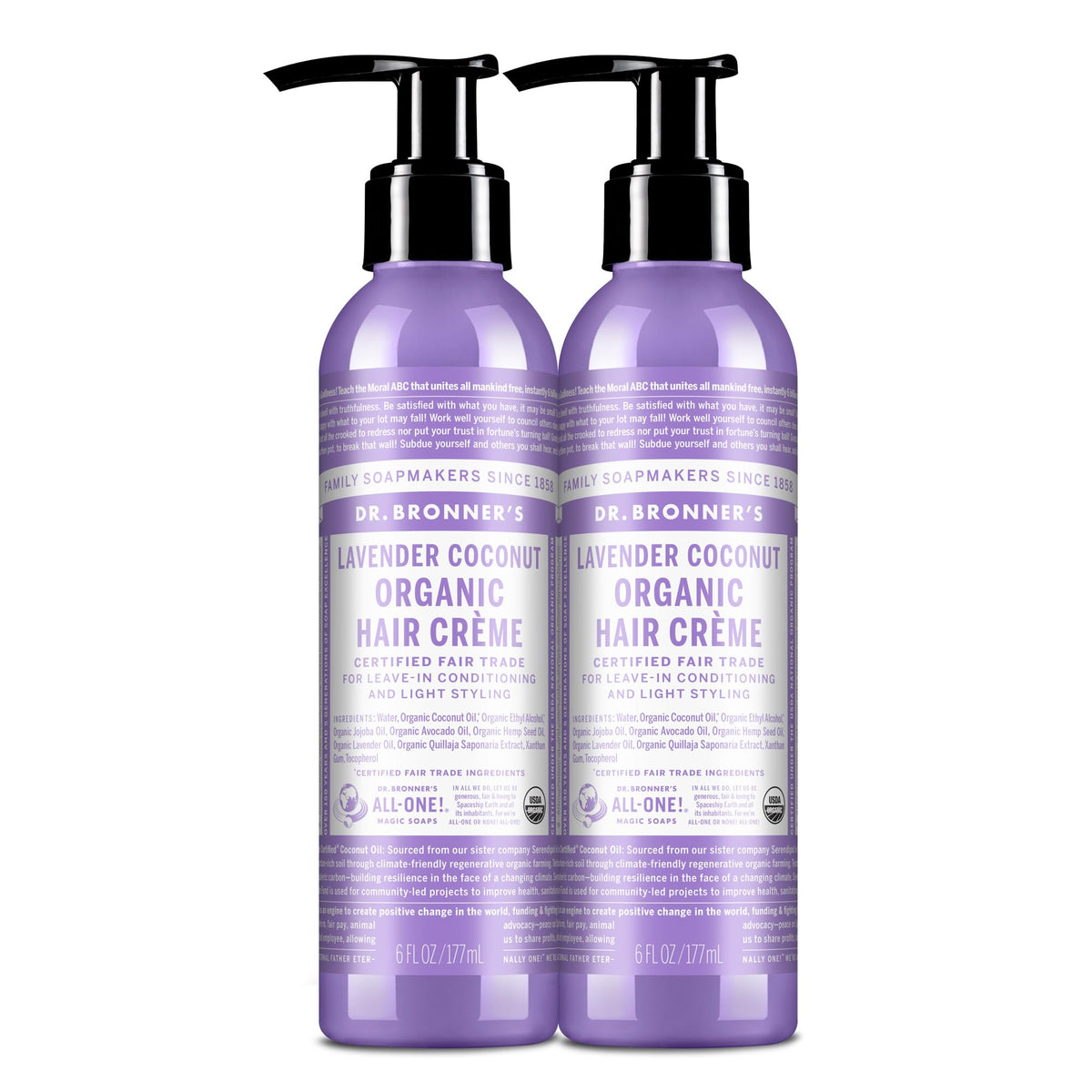 Dr. Bronner's front jar shot showing lavender coconut label and organic branding